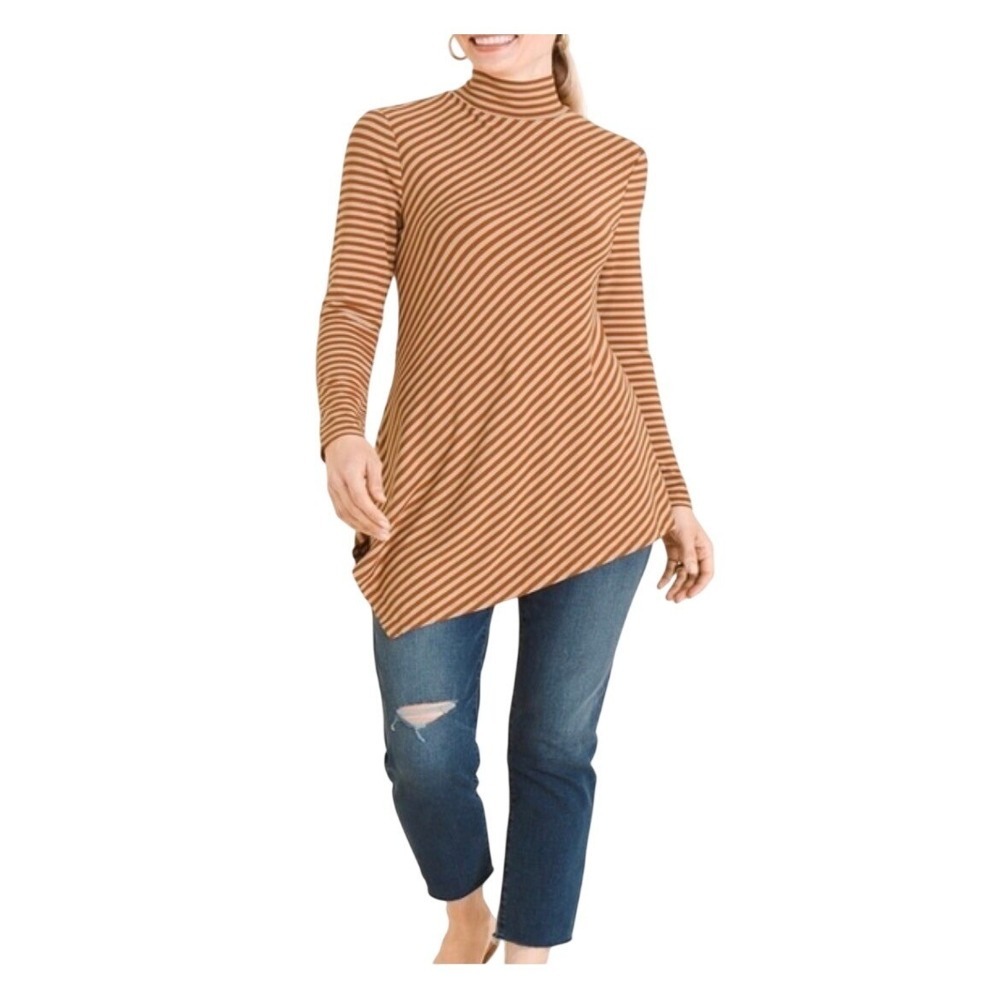 Chico's Mock Neck Asymmetrical Hem Tunic Top sz 2 Bronzed Clay Stretch NWT